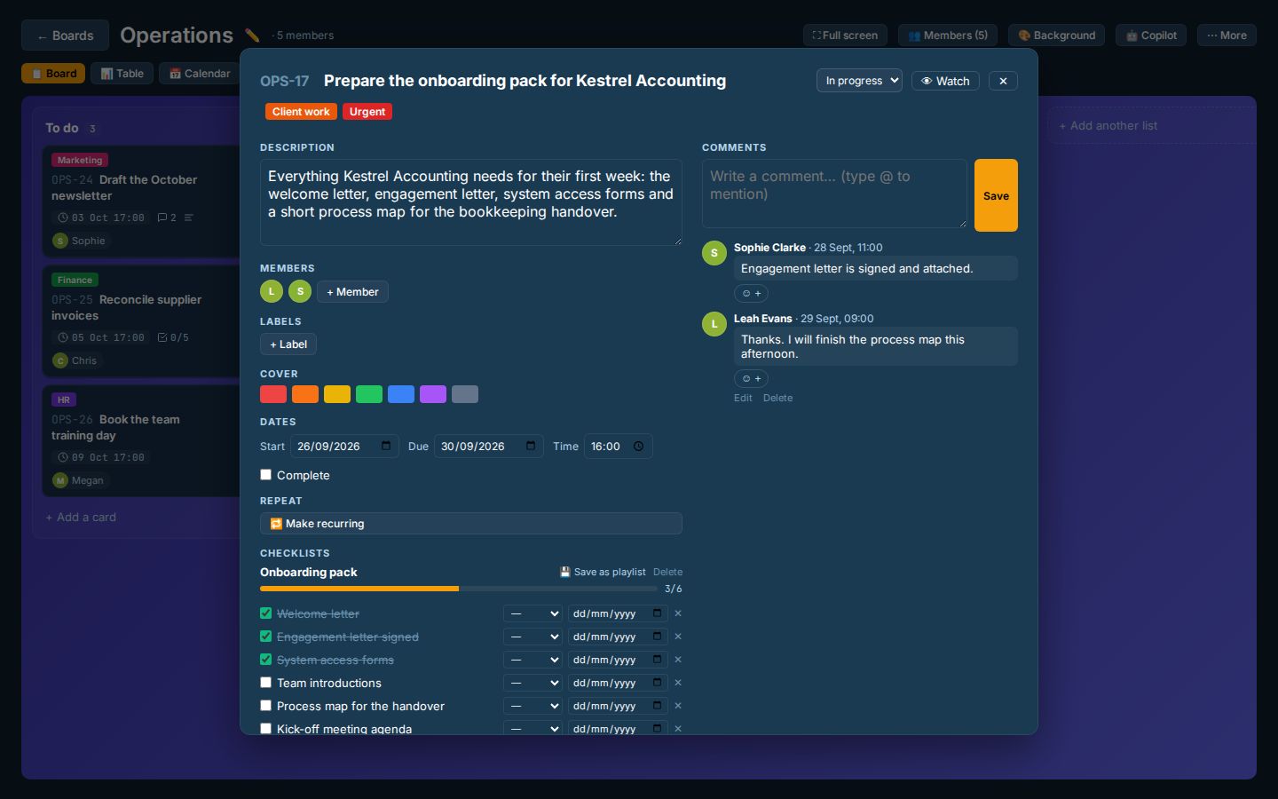 Card window: Description, members, labels, dates, checklists with progress, comments and activity in one window