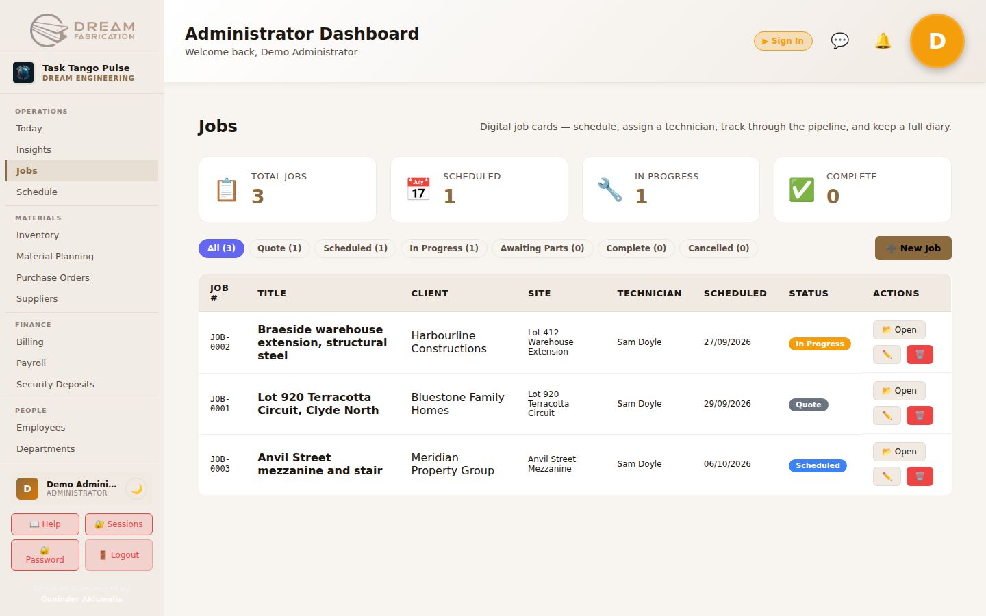 Pulse jobs pipeline with clients, sites, technicians and status