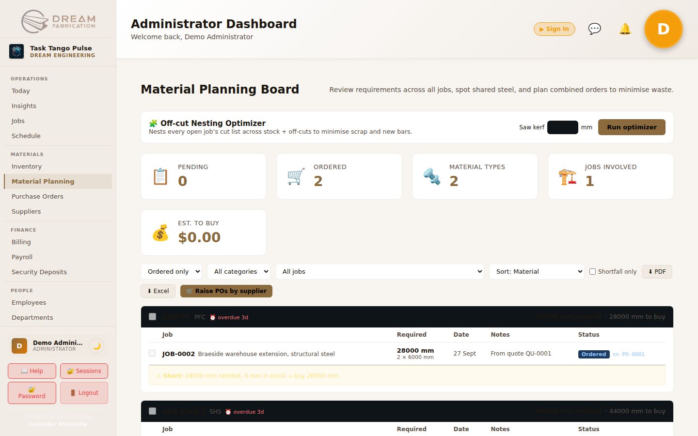 Pulse material planning board with ordered steel requirements