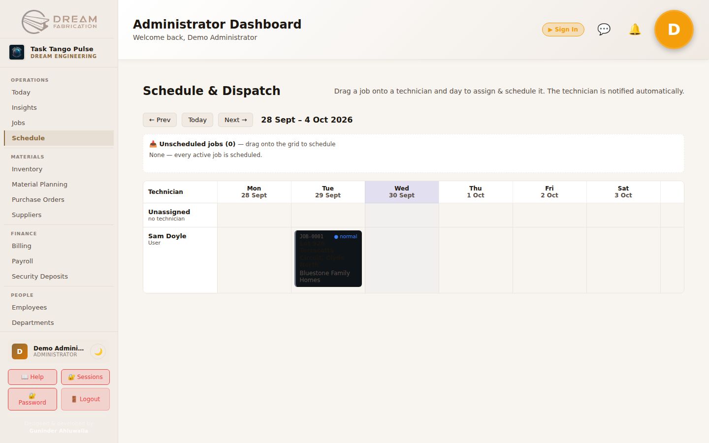 Schedule and dispatch: Drag a job onto a technician and a day; the technician is notified automatically