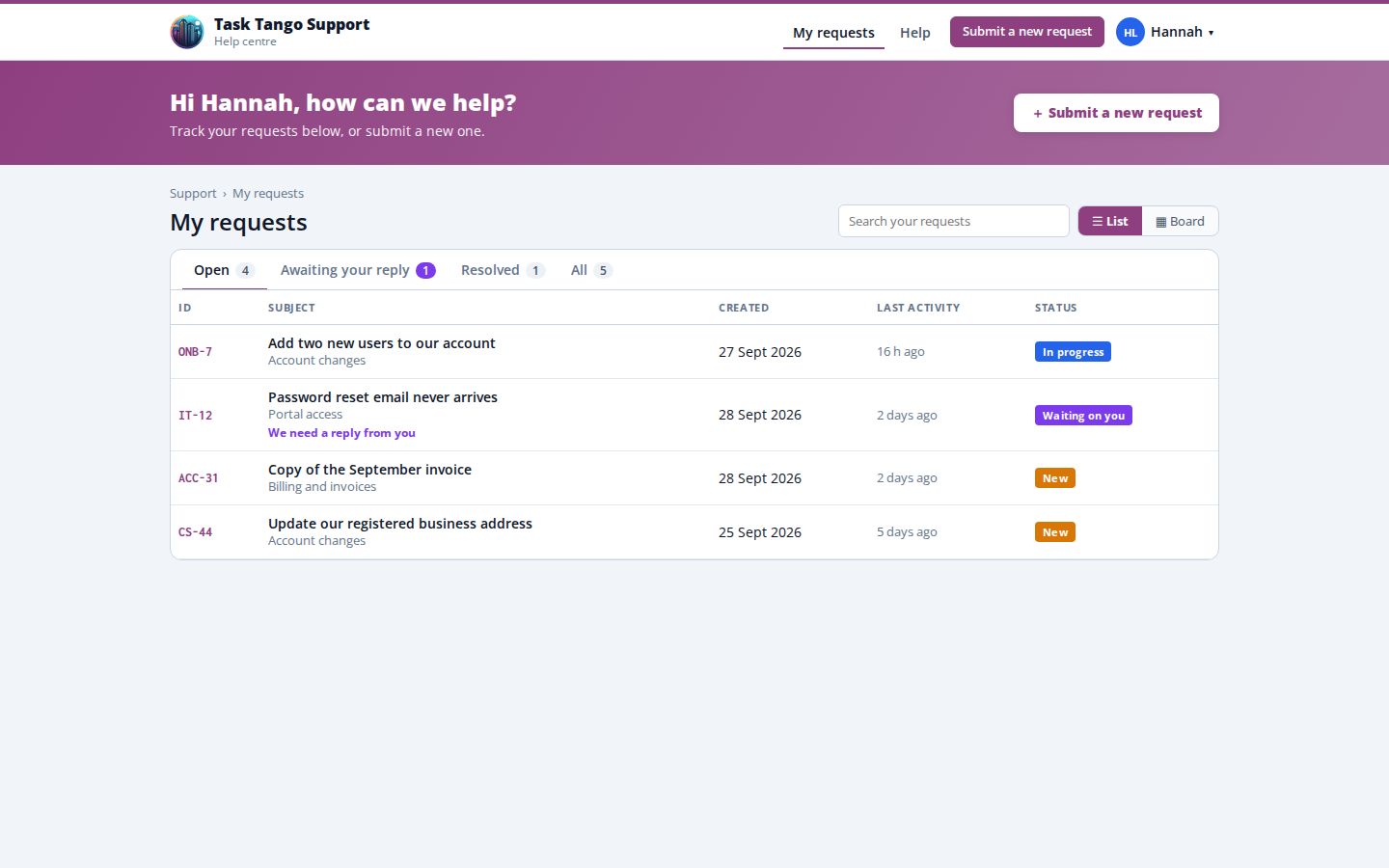 My requests: Customers see every request they have raised, with anything waiting on their reply flagged first