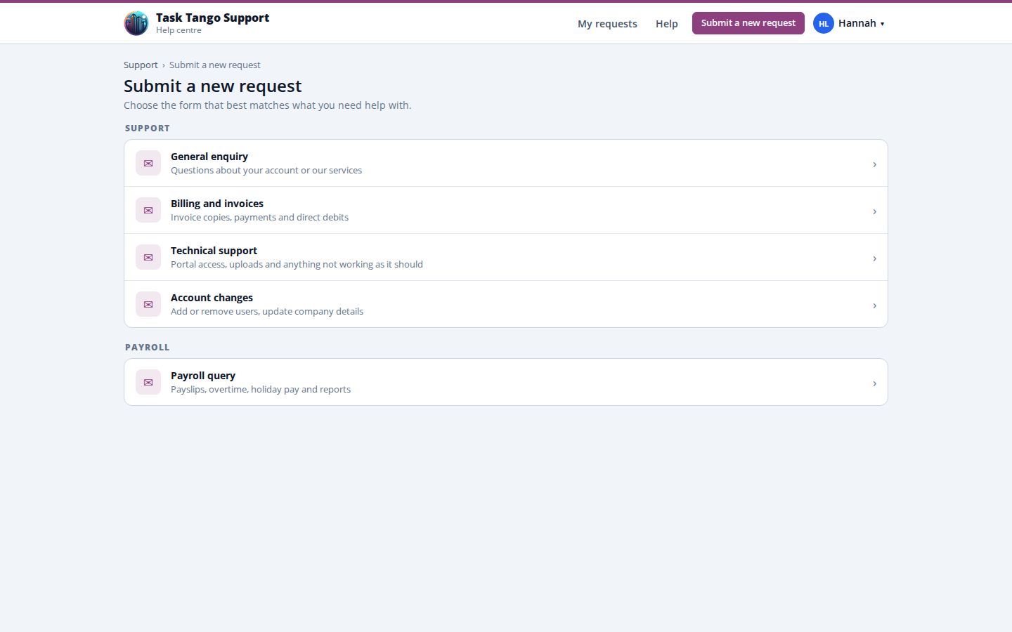 Submit a request: Customers pick the form that fits. The topic they choose routes the request to the right team