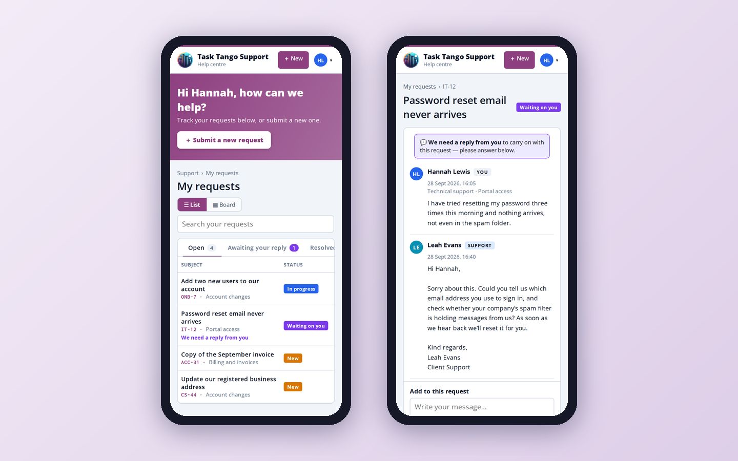 On a phone: The portal works in any phone browser and installs like an app, so customers can reply and add files on the go