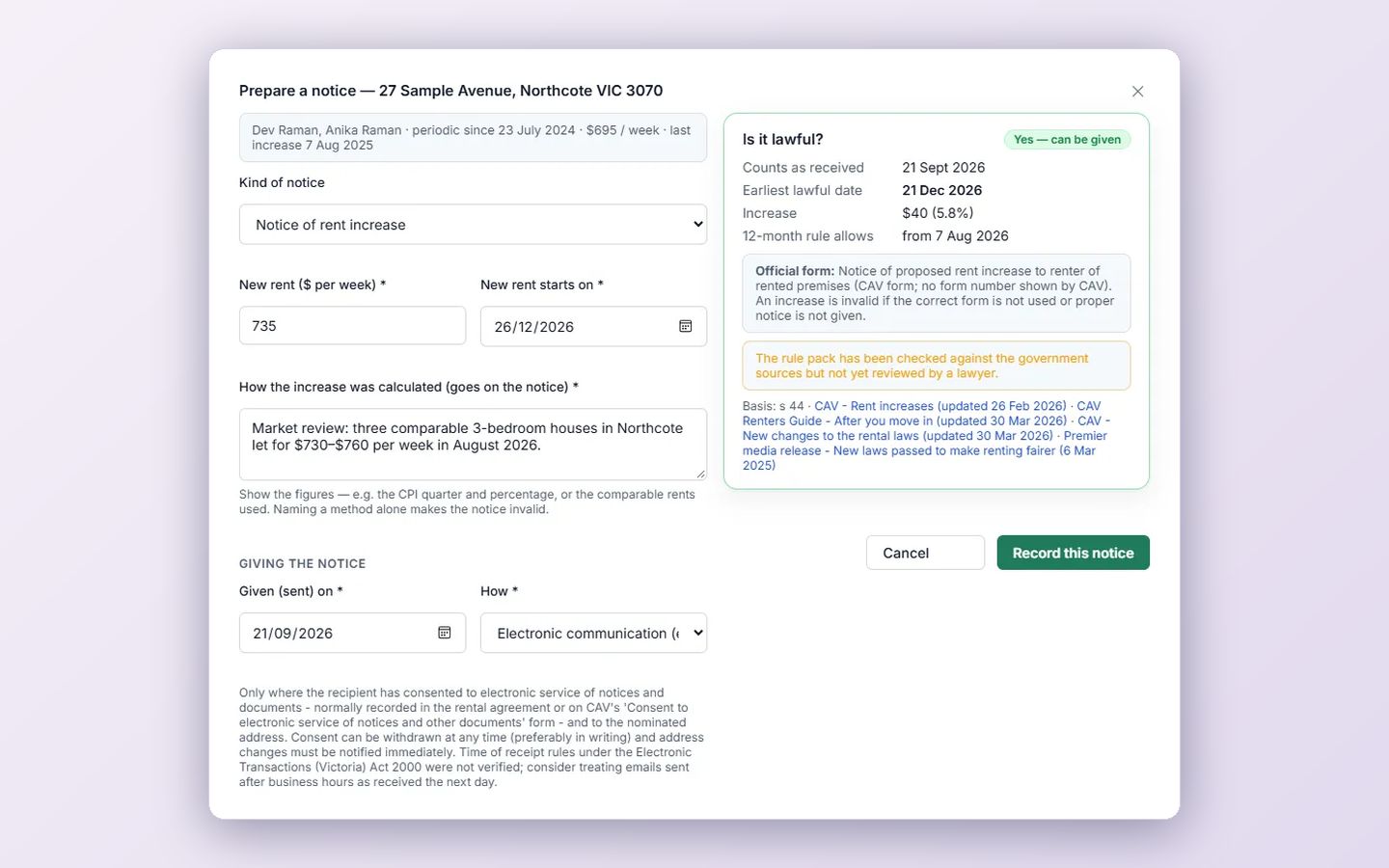 Notice builder: Works out the earliest lawful date and will not record a notice it finds invalid