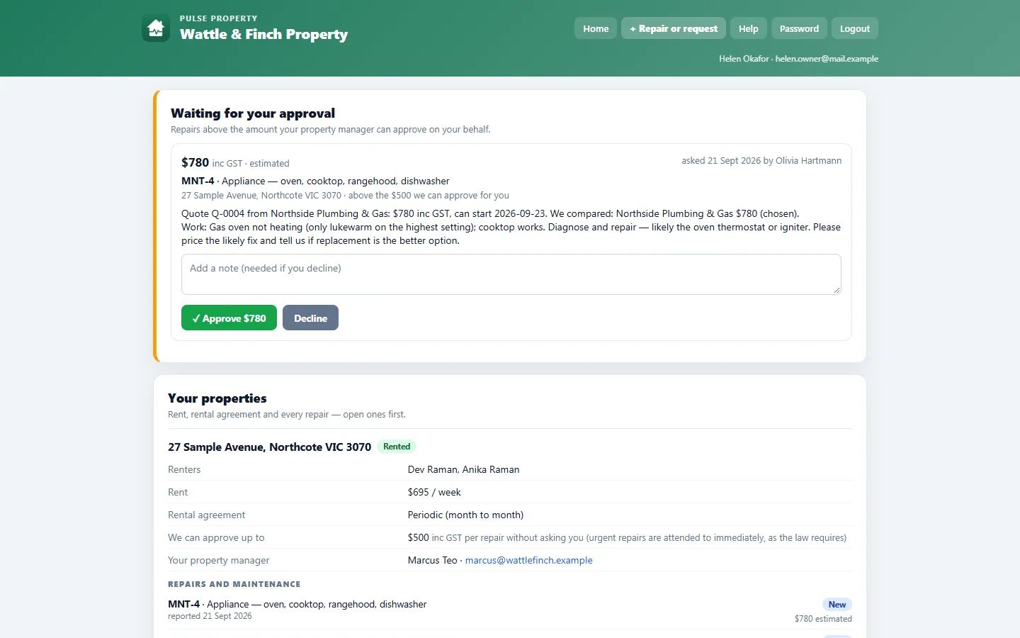 Rental provider portal: Approve repairs above the limit and see every property, repair and cost