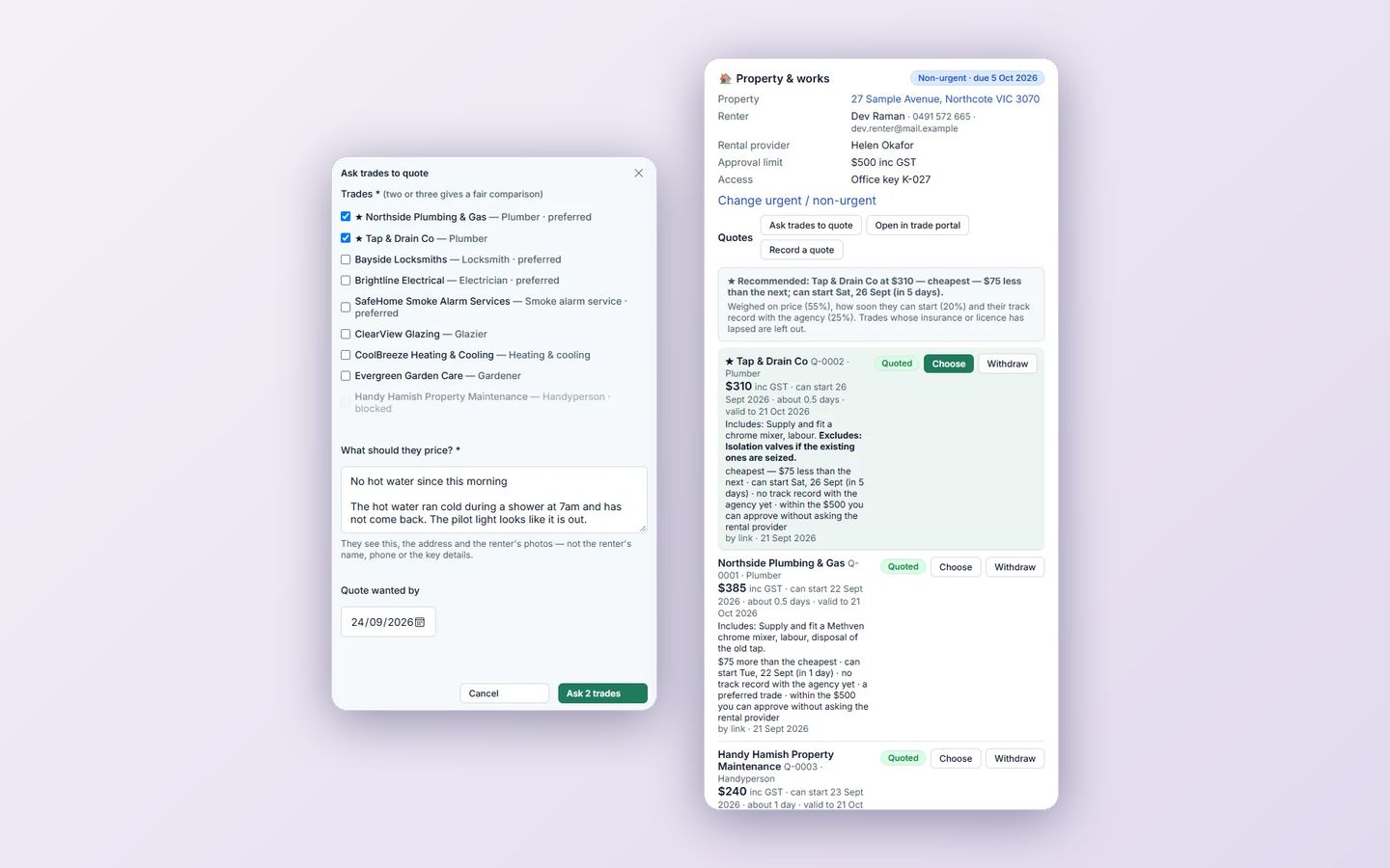 Quotes, compared: Ask two or three trades to quote. Pulse sets aside unusable quotes and recommends one, with its reasons