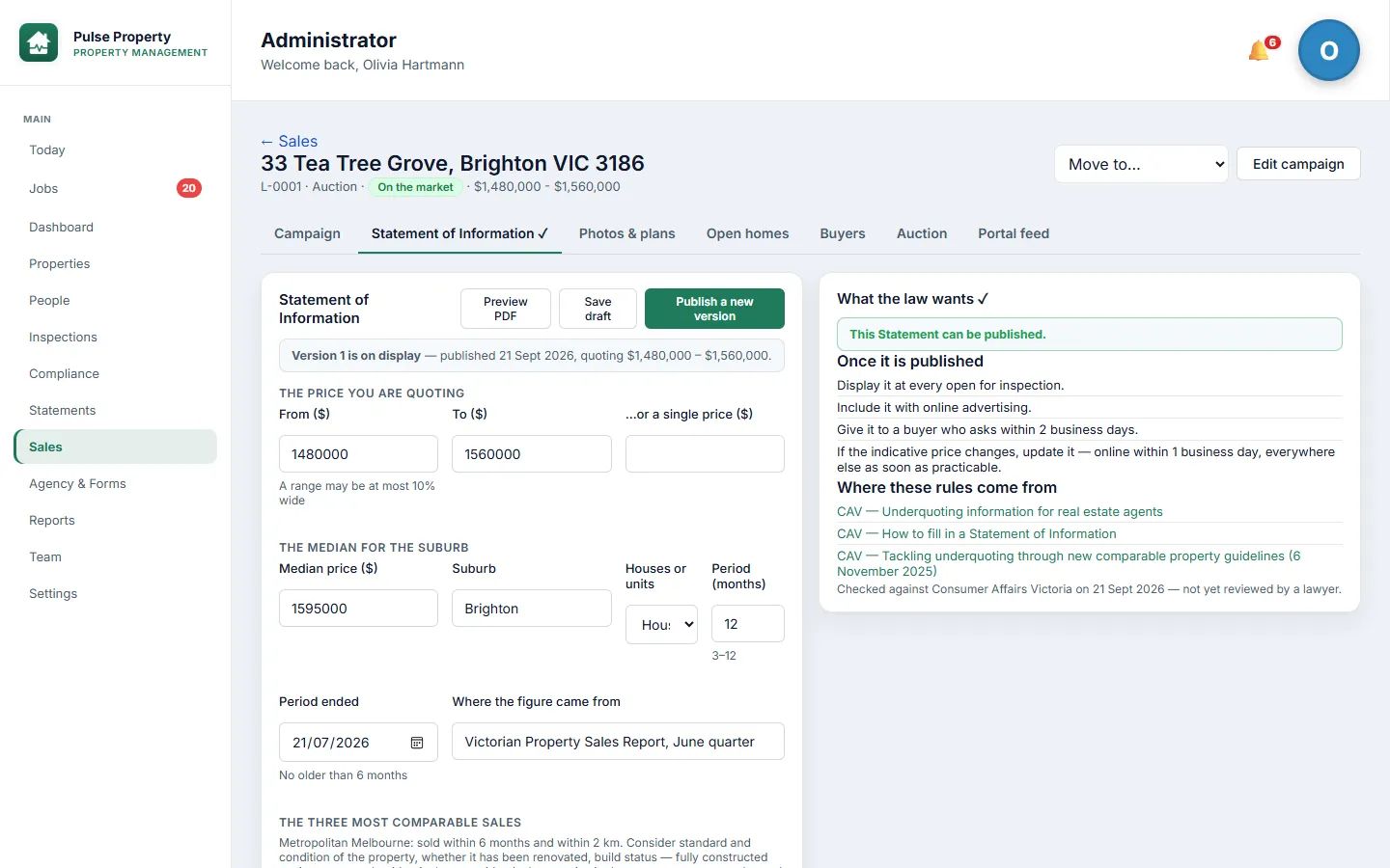 Sales: Statements of Information checked as you type, with open homes, buyers, auctions and the portal feed