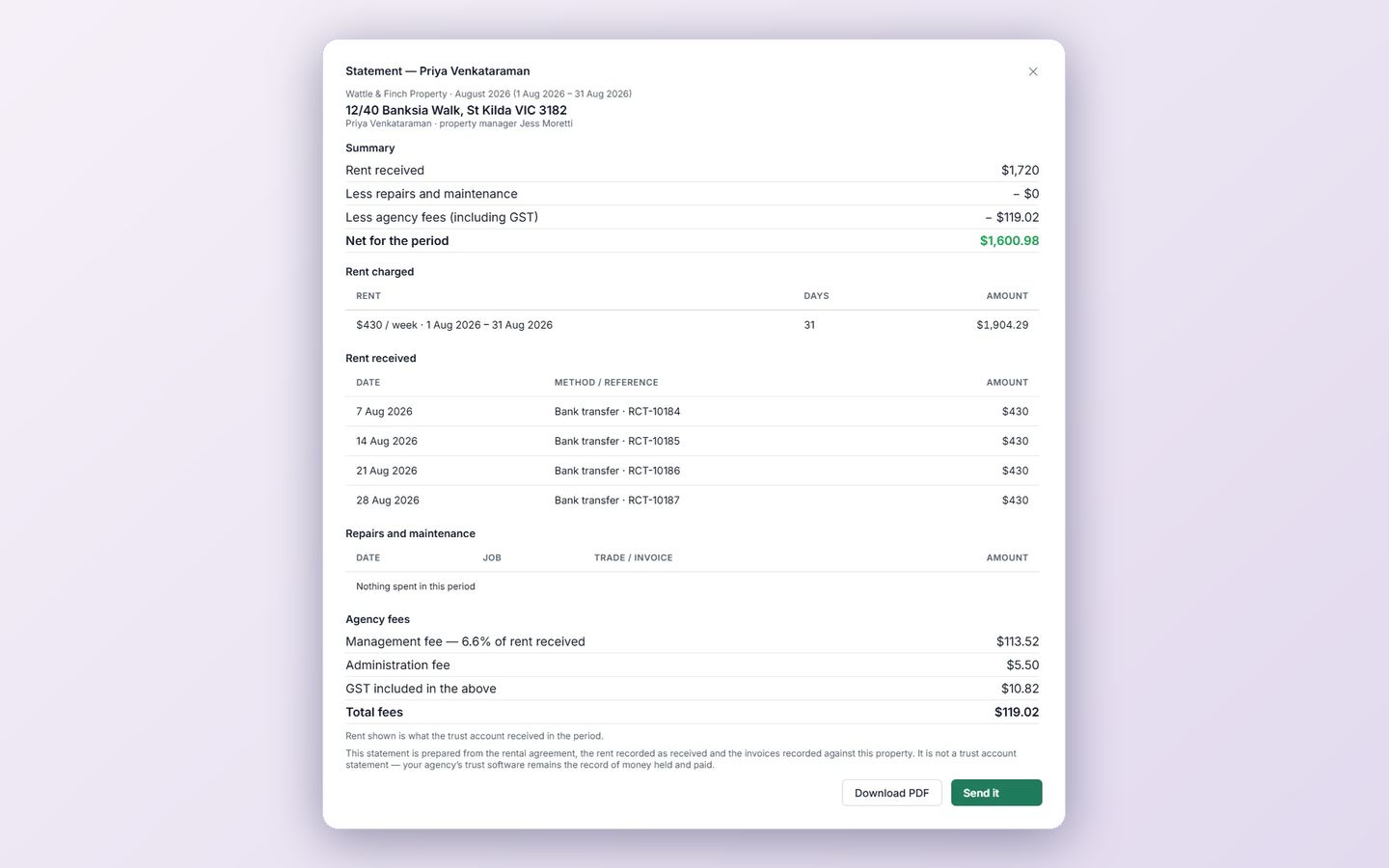 Statements: Income statements for rental providers and rent statements for renters, sent to their portal