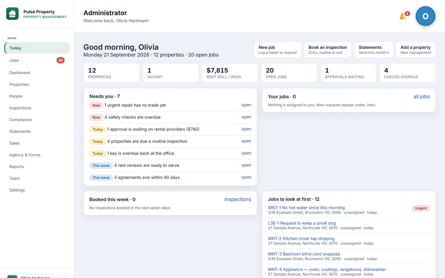 Pulse Property Today screen with needs-attention items, jobs and the rent roll for a fictional agency