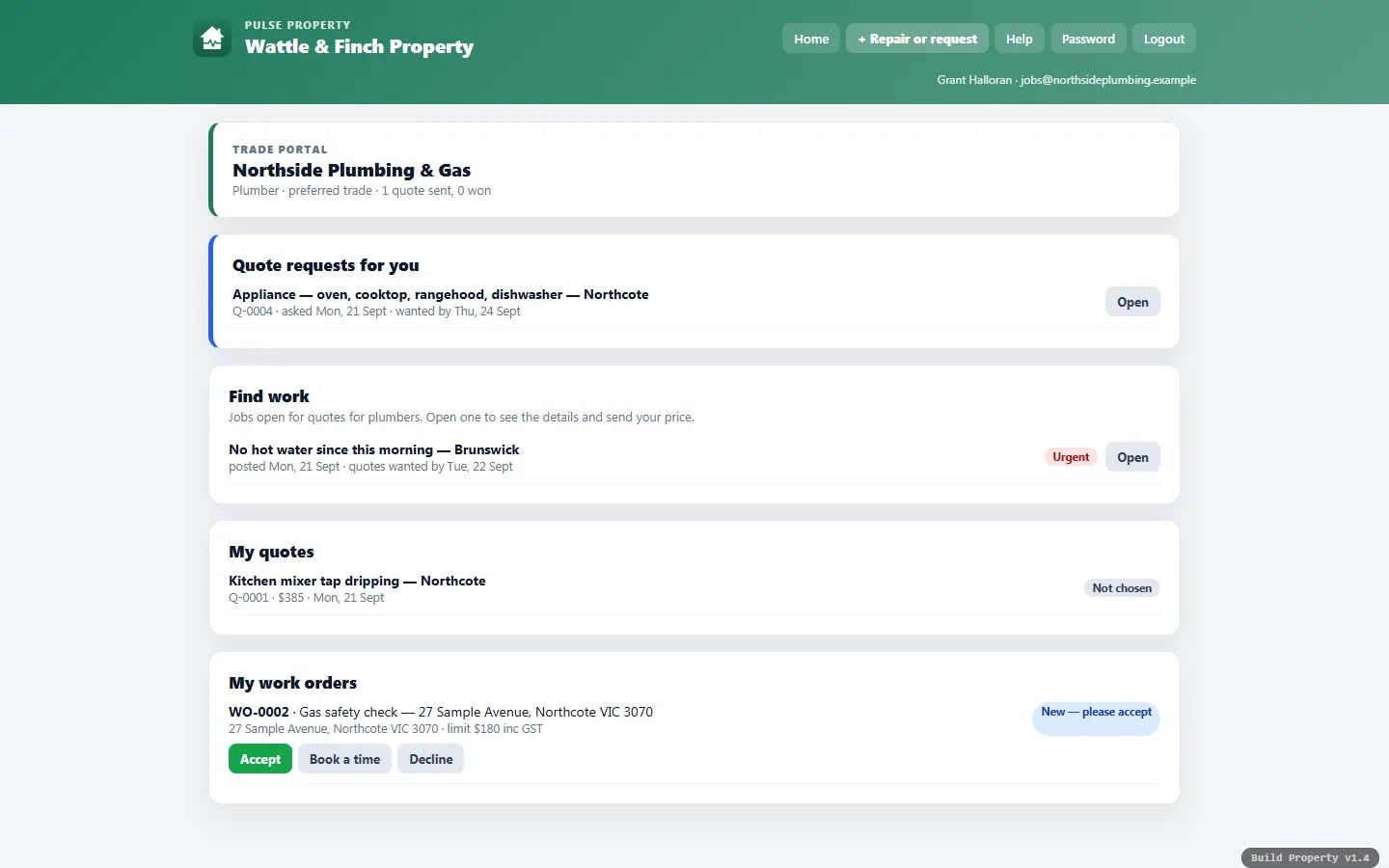 Trade portal: Quote requests, work orders and bookings, with licence and insurance checked before work is sent