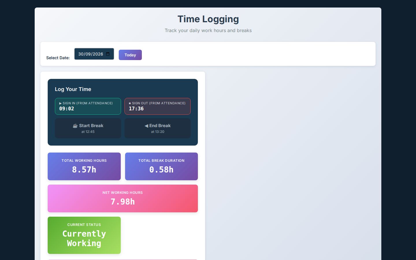 Activity log: What the day was spent on, from file work and calls to meetings and training, each with a start and end time