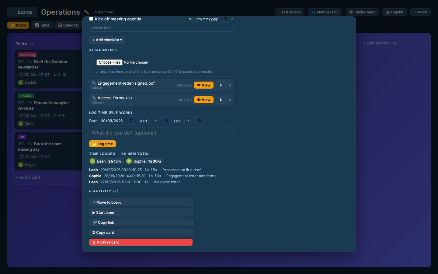 Time on a card: Log time or run a timer on any Pulse Boards card. Every entry shows on the card, per person
